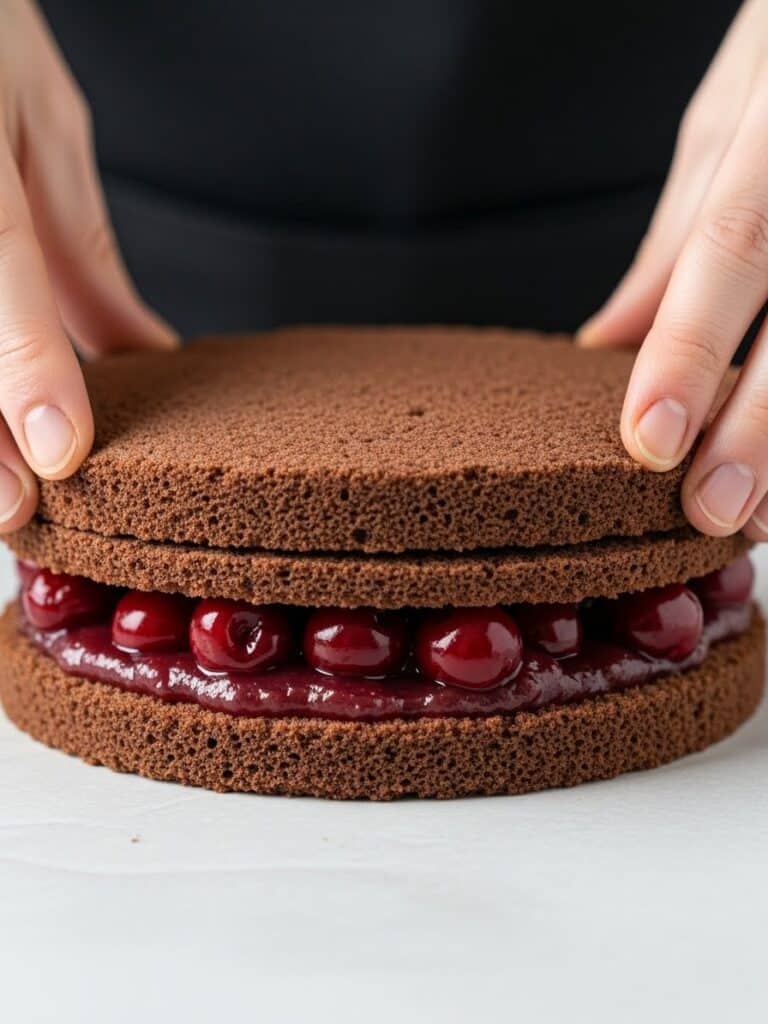 licing black forest cake layers on wooden board
