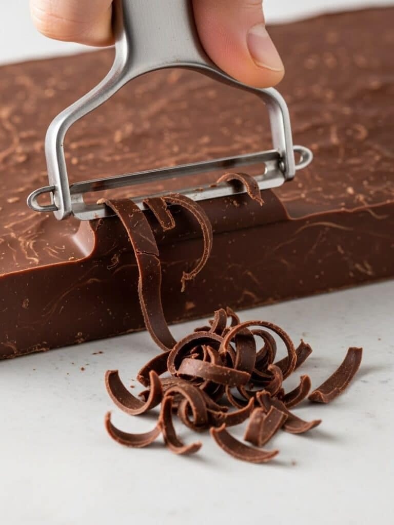 making chocolate curls with vegetable peeler for black forest cake