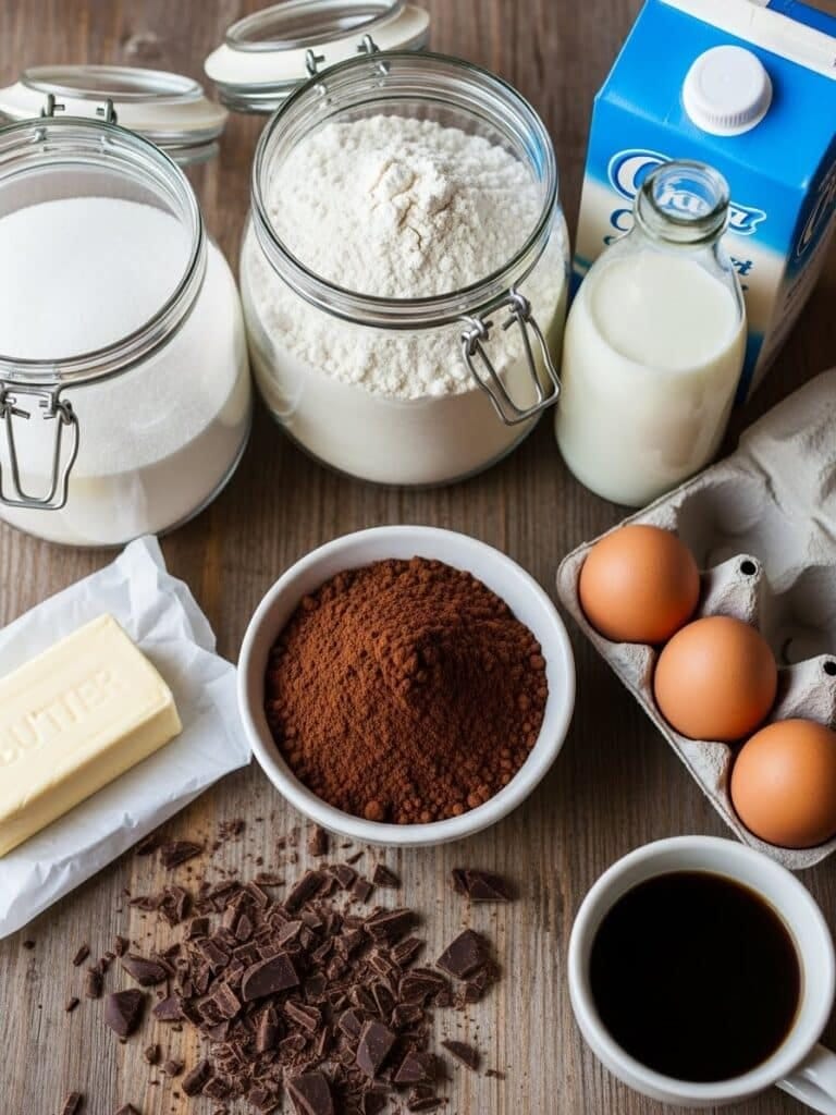 Chocolate cake ingredients flat lay
