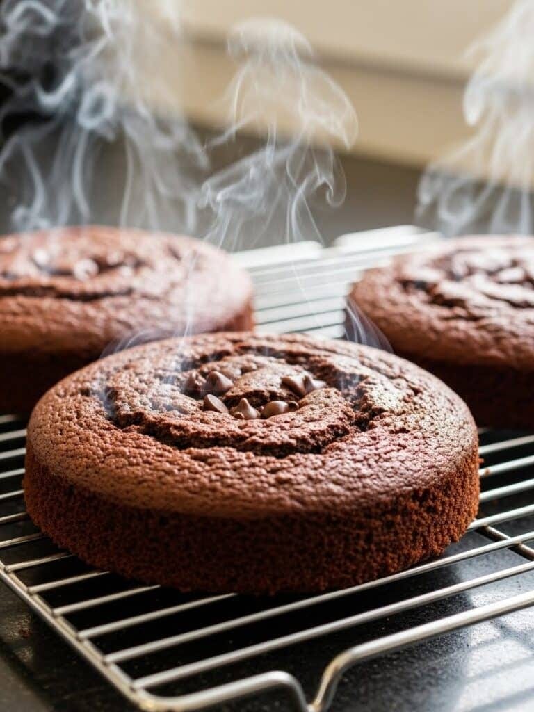 Freshly baked chocolate cake cooling