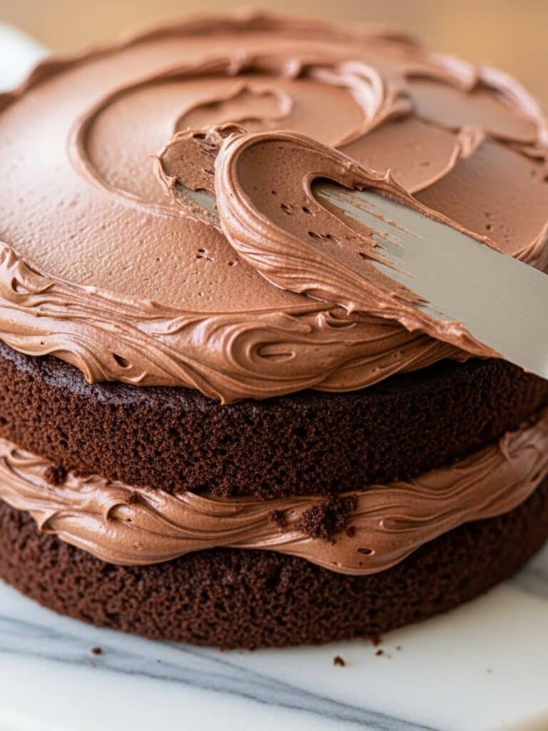 Frosting a homemade chocolate cake