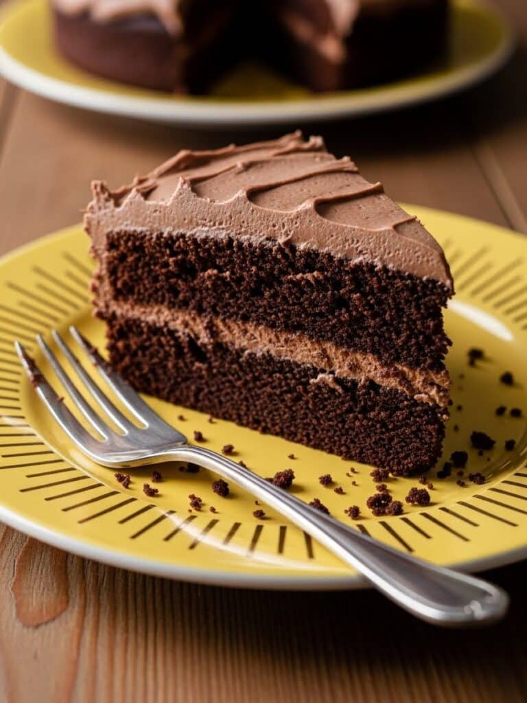 Slice of chocolate cake on yellow plate with golden sunburst rim