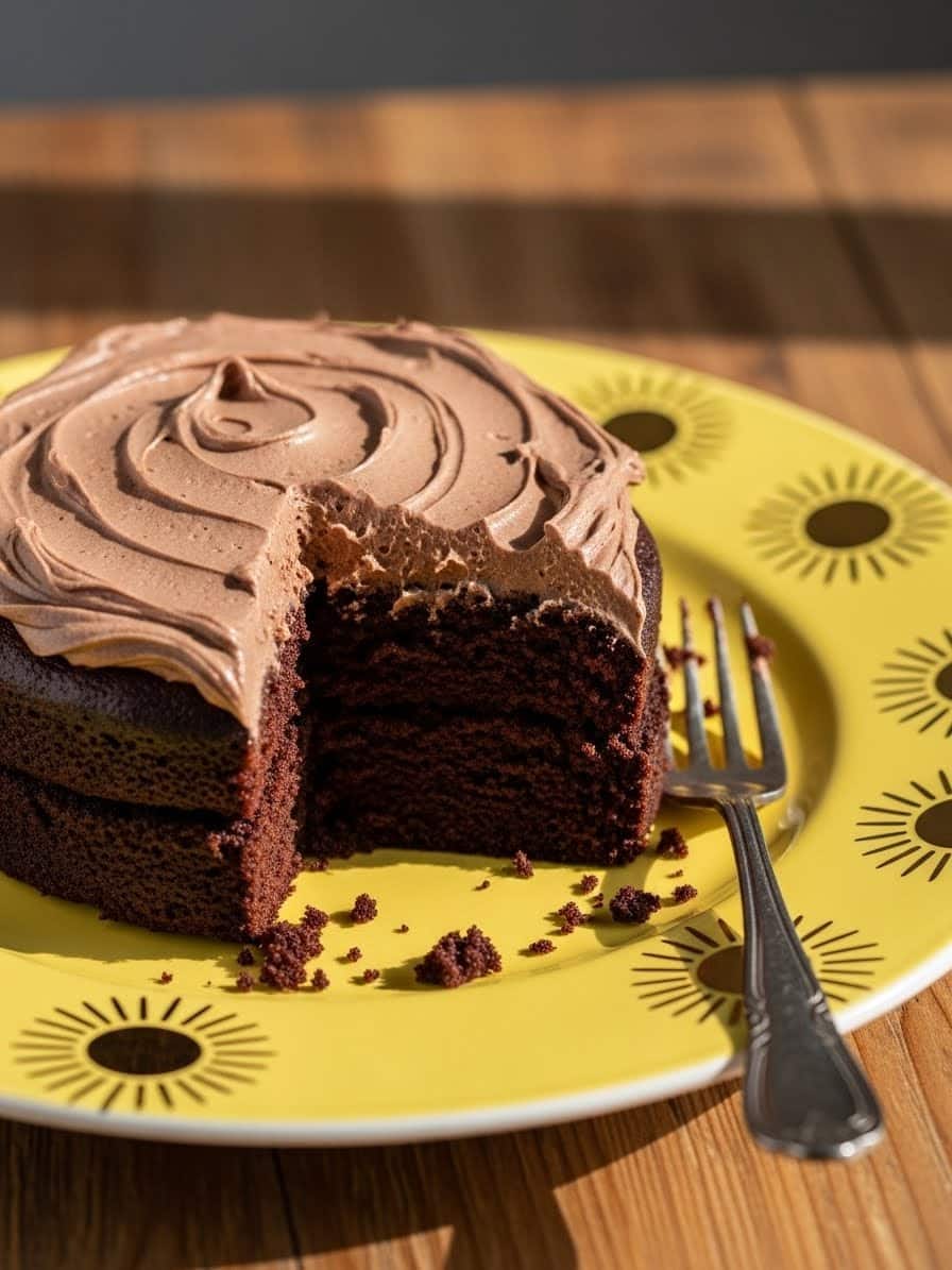 chocolate cake on yellow plate with golden sunburst rim