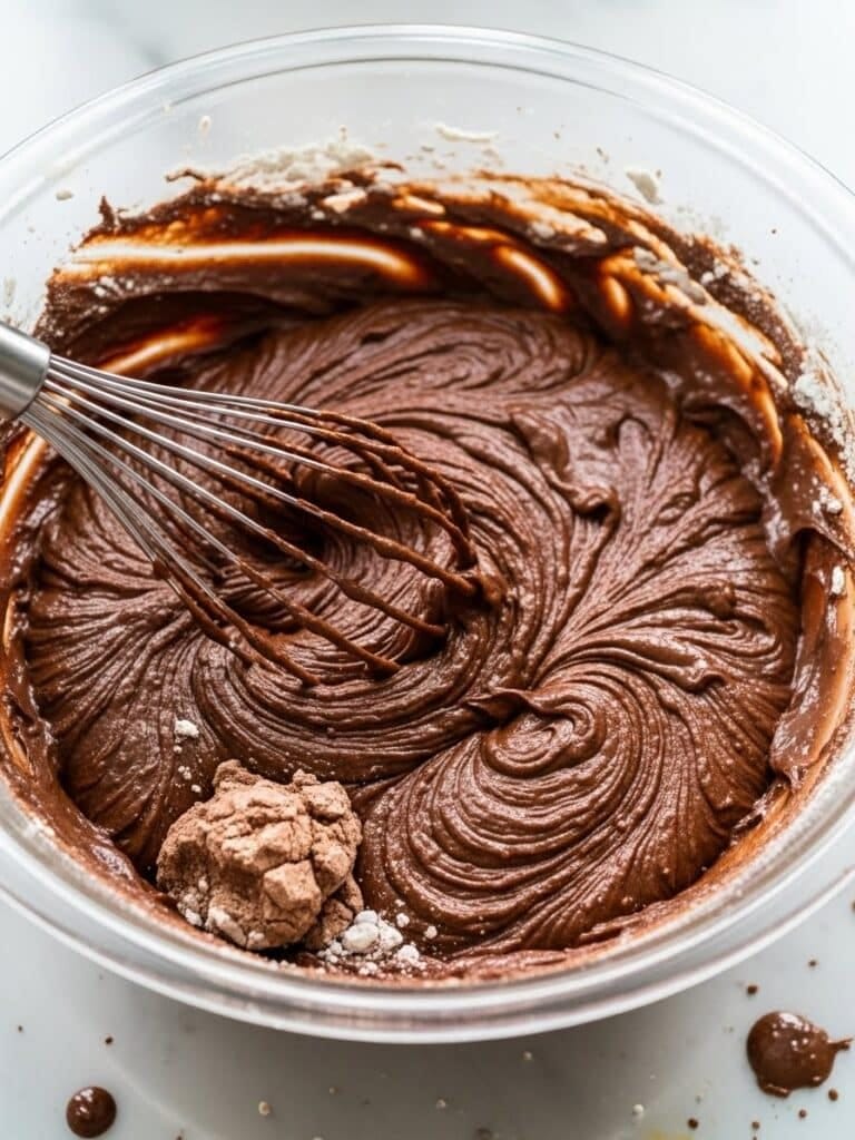 Mixing chocolate cake batter in a bowl with cocoa and flour