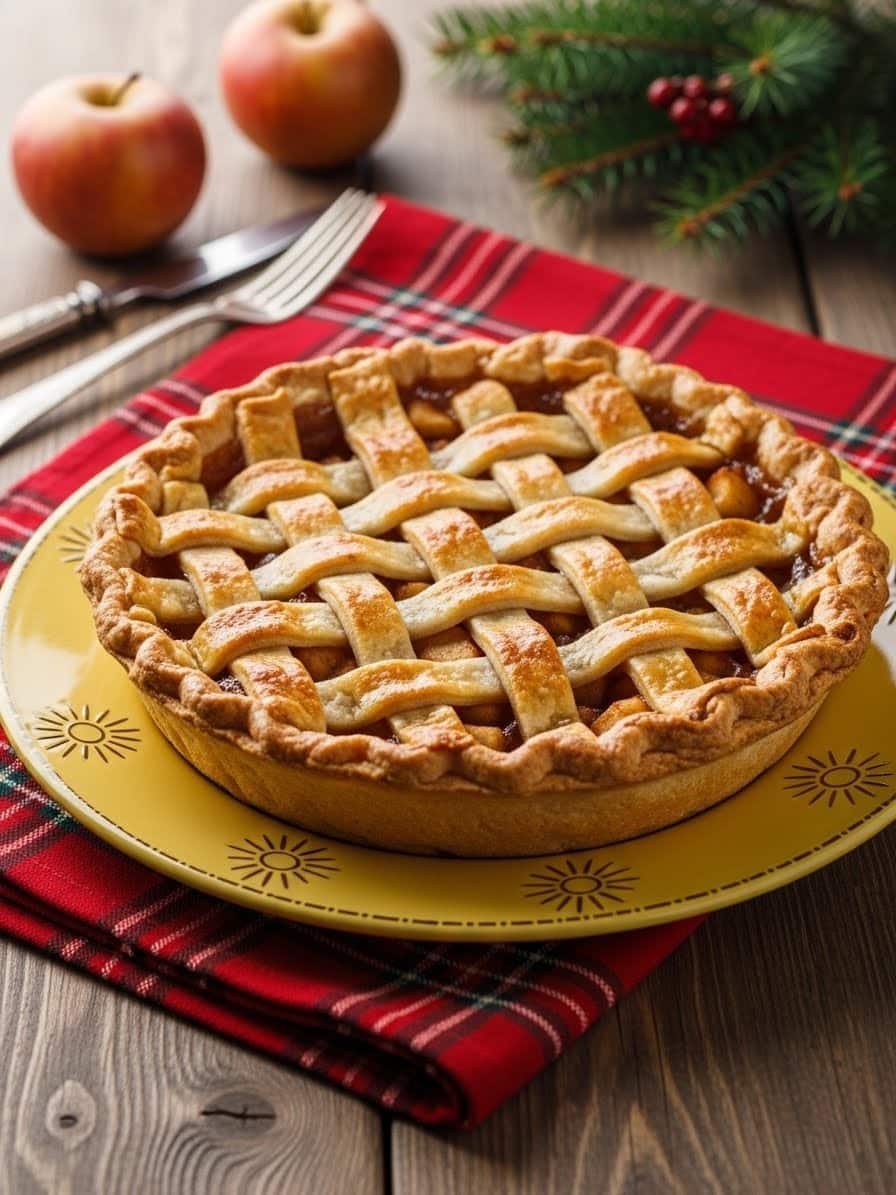 Homemade apple pie with a golden lattice crust on a rustic wooden table with fresh apples