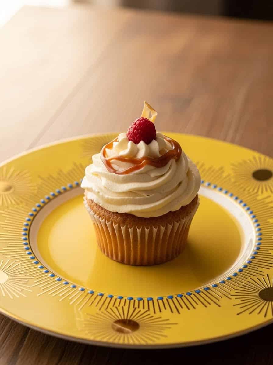 Cupcake on Yellow Plate with Golden Sunburst Design