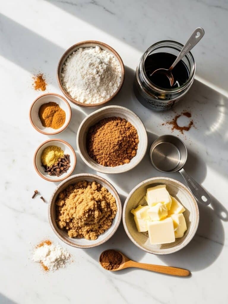 Ingredients for molasses cookies on countertop
