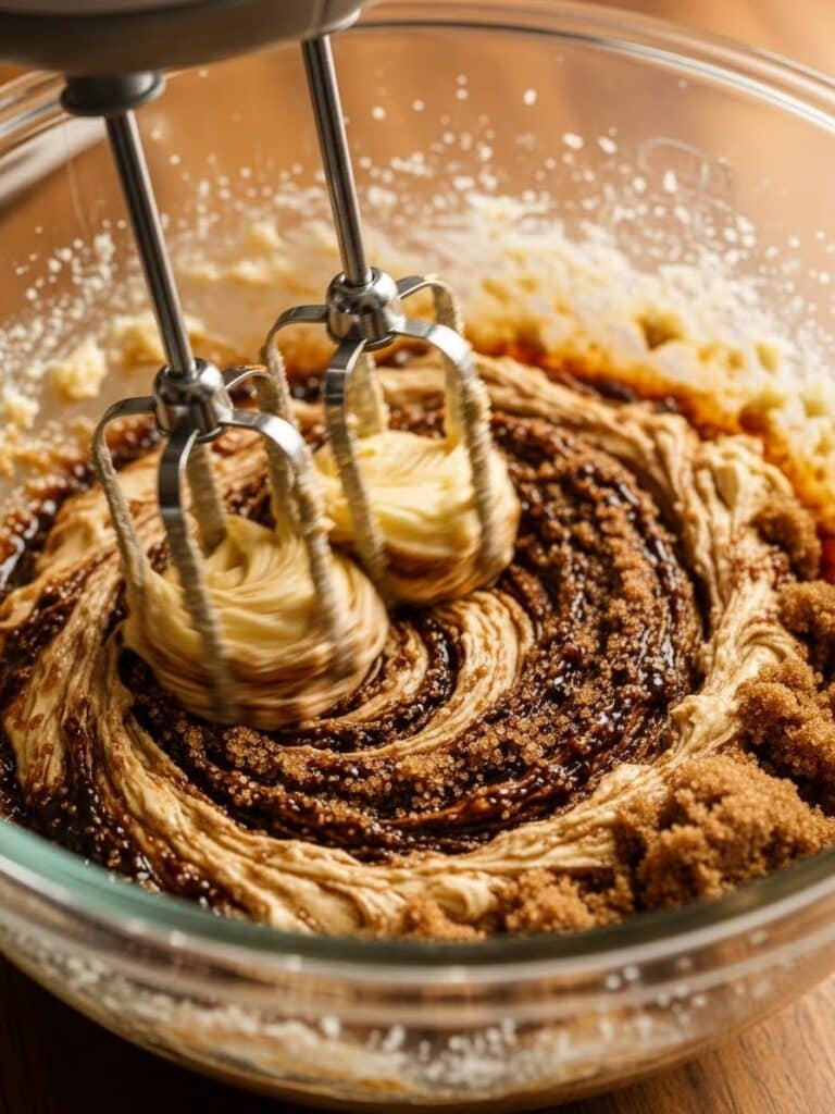 Mixing butter, brown sugar, and molasses in bowl