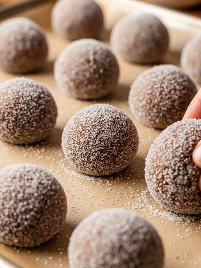 Rolling sugar-coated molasses cookie dough balls