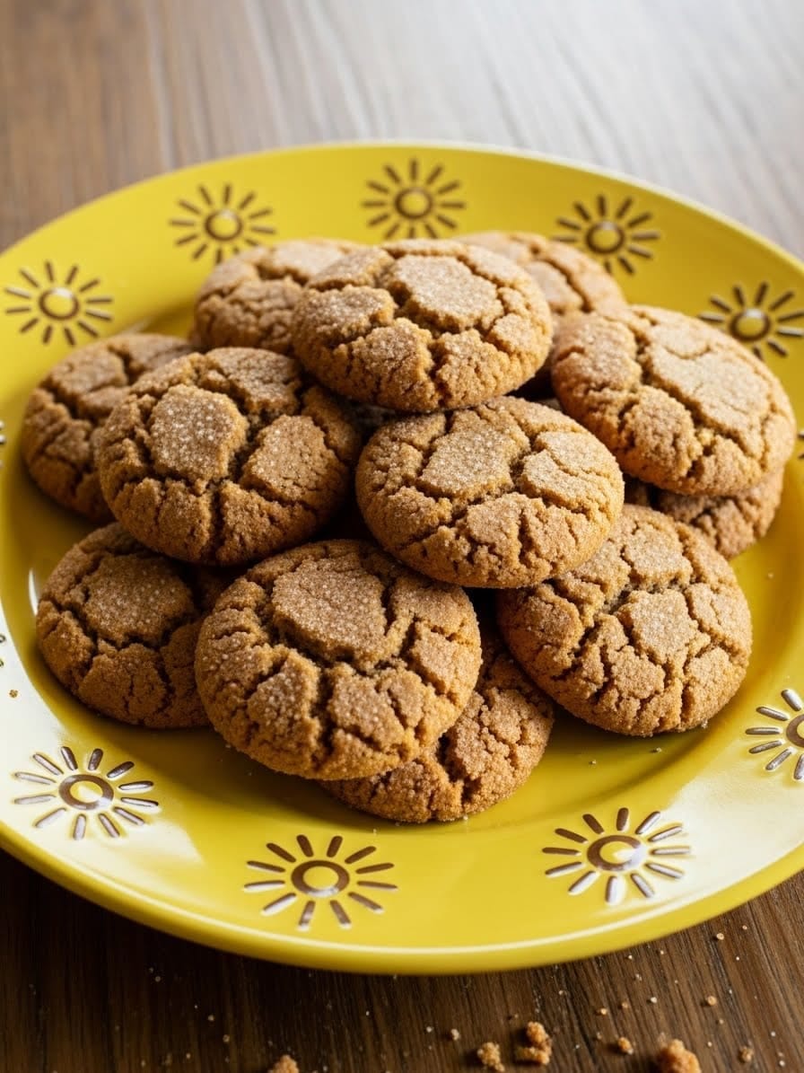 Freshly baked molasses cookies on a yellow plate with golden sunburst rim