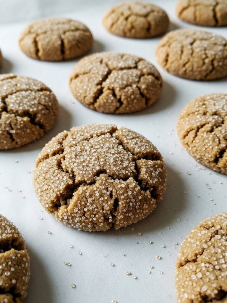 Sparkly sugar-coated molasses cookies with crackly tops on parchment paper