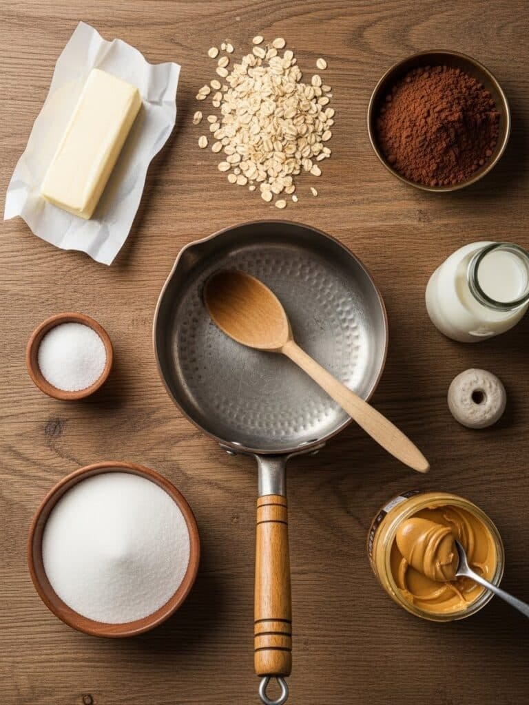 No Bake Cookies ingredients laid out on kitchen counter