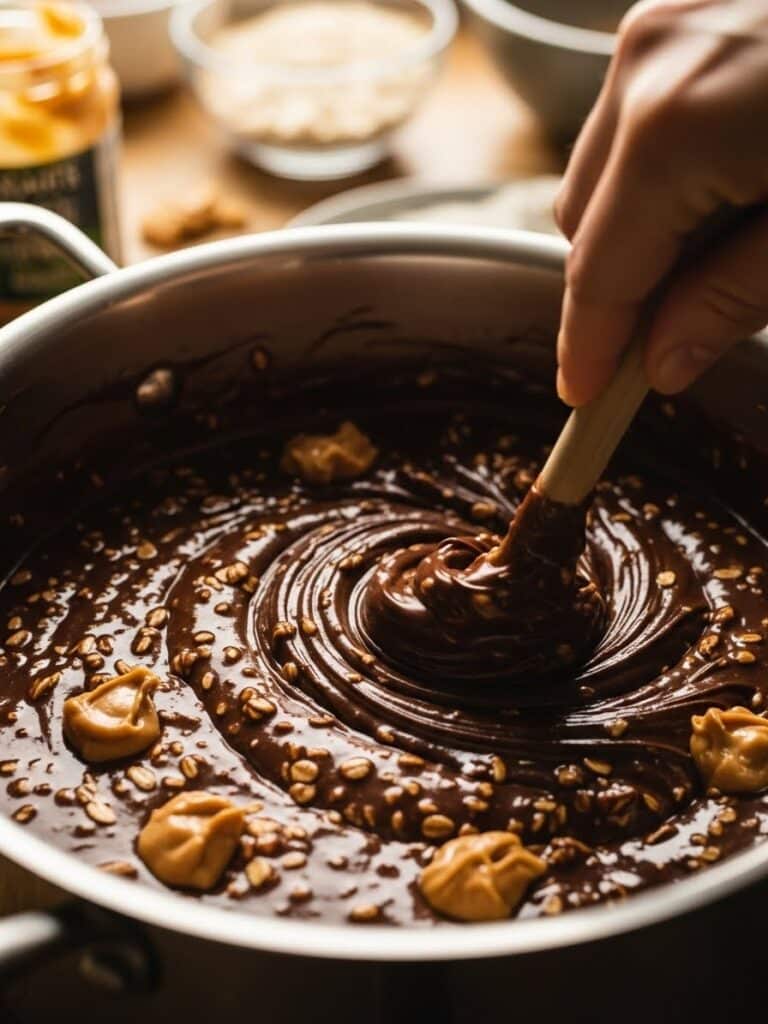 Stirring peanut butter and oats into no bake cookie mixture