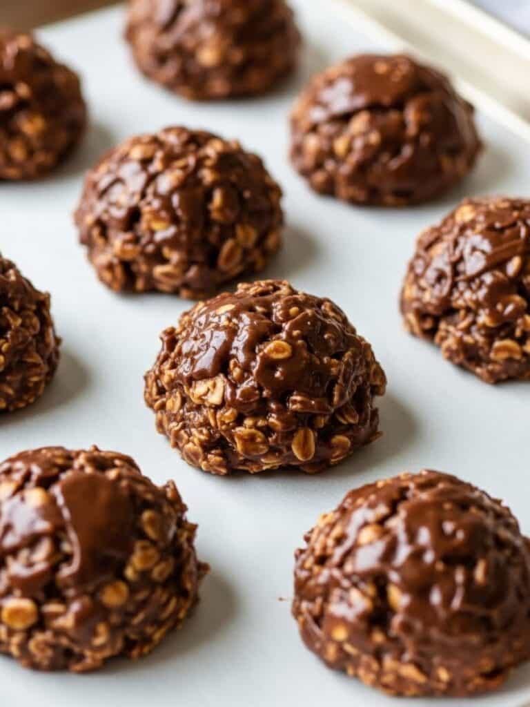 No bake cookies cooling on parchment paper