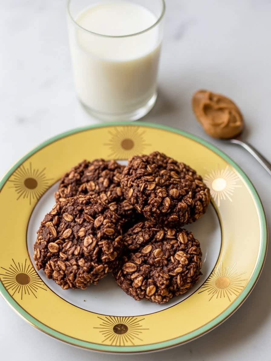No Bake Cookies on a yellow plate with golden rim