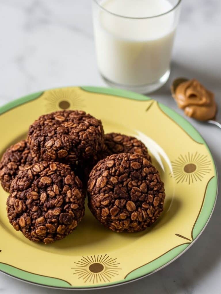 No Bake Cookies on a yellow plate with golden rim beside a glass of milk