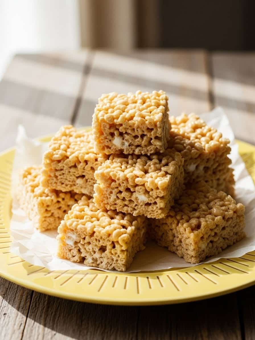 homemade Rice Krispie Treats stacked on parchment