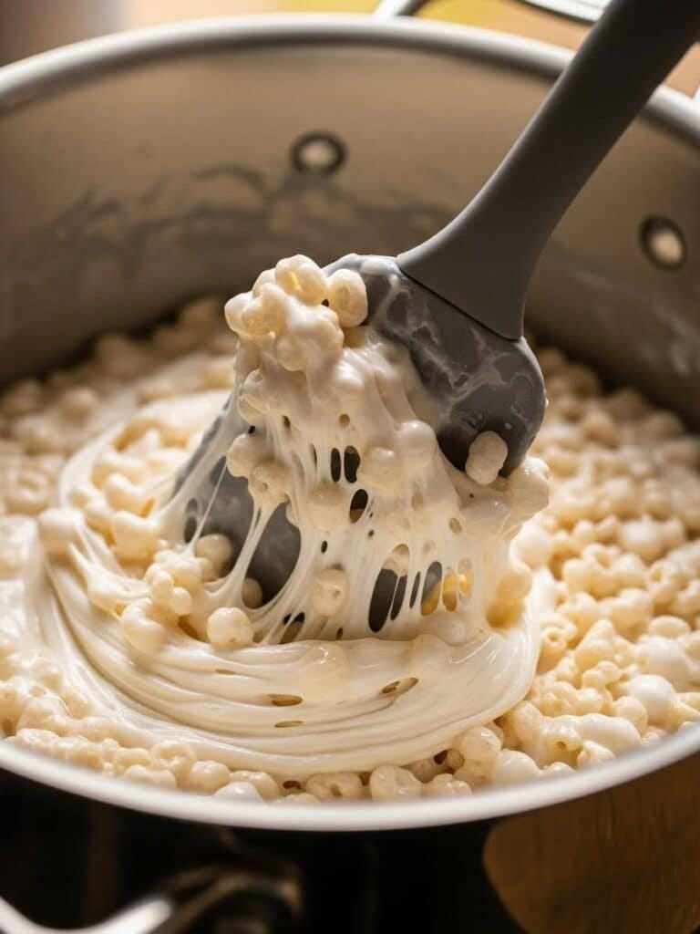 mixing Rice Krispie Treats cereal and melted marshmallows