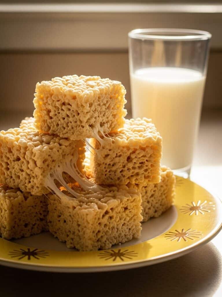Rice Krispie Treats squares served with milk