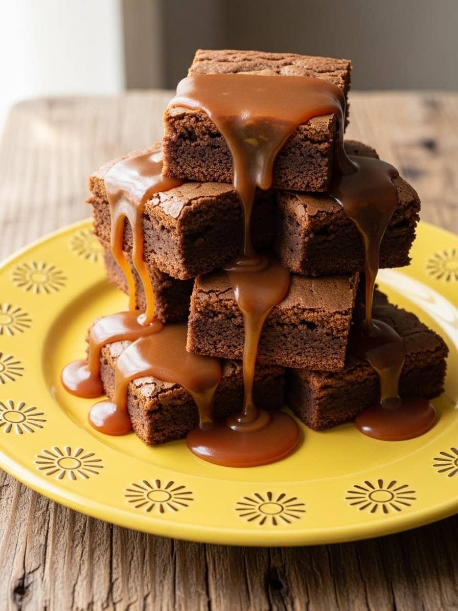 Gooey caramel brownies stacked on a wooden table