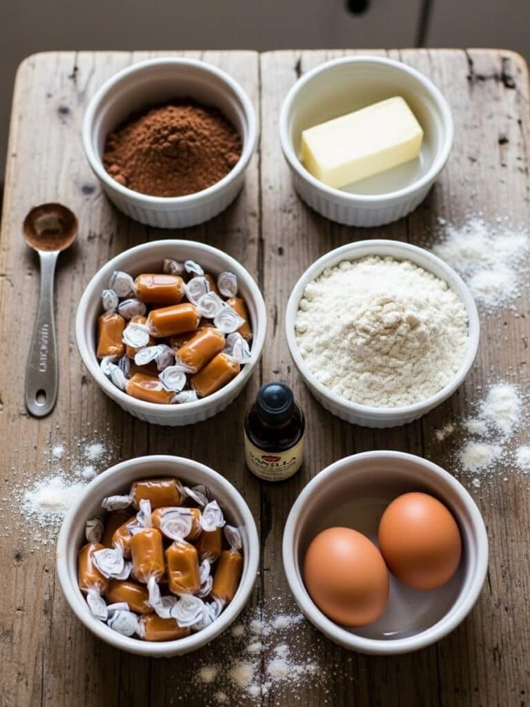 Caramel brownies ingredients laid out on kitchen counter