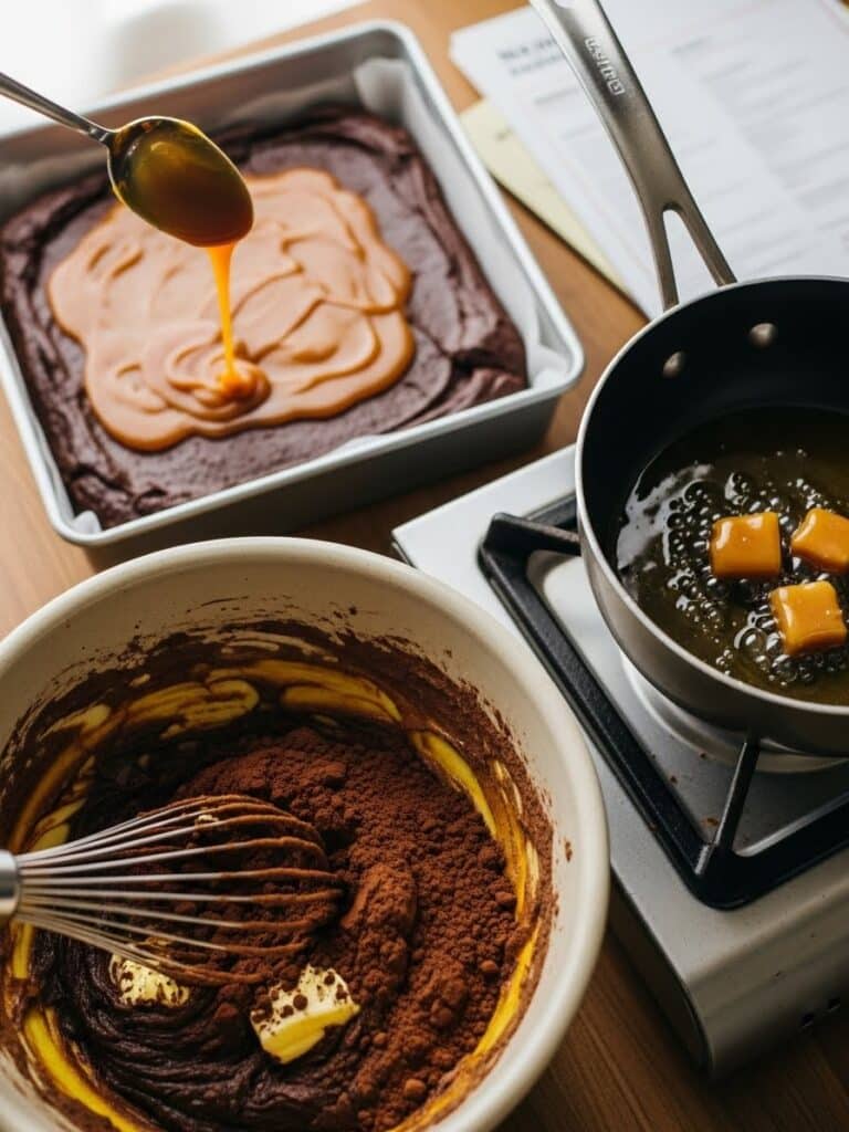 Step-by-step process of making caramel brownies