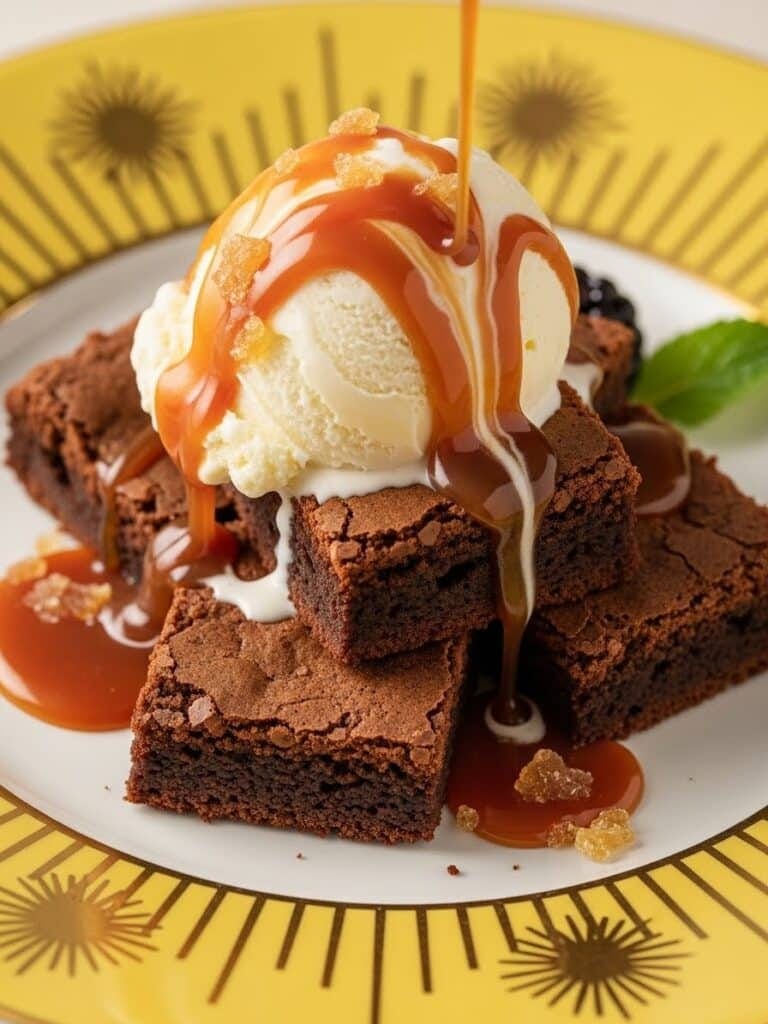 Caramel brownies served warm with ice cream and caramel sauce