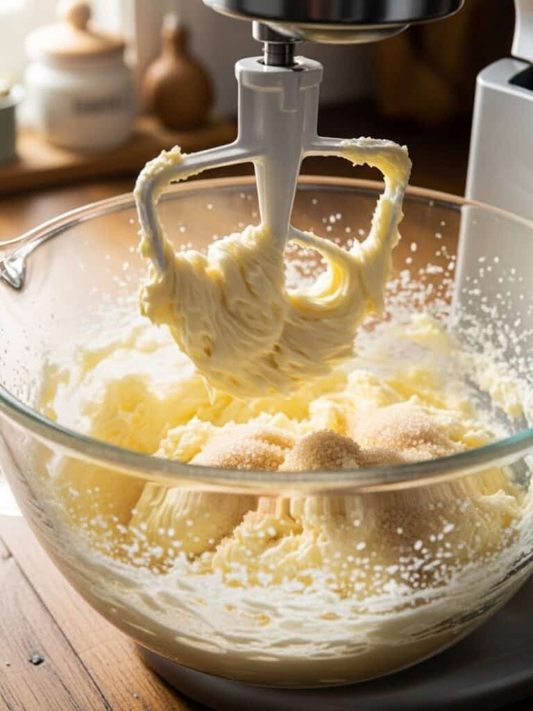 Mixing butter, cream cheese, and sugar for soft Cream Cheese Cookies
