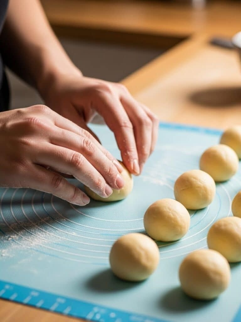 Rolling and placing Cream Cheese Cookie dough balls on baking sheet