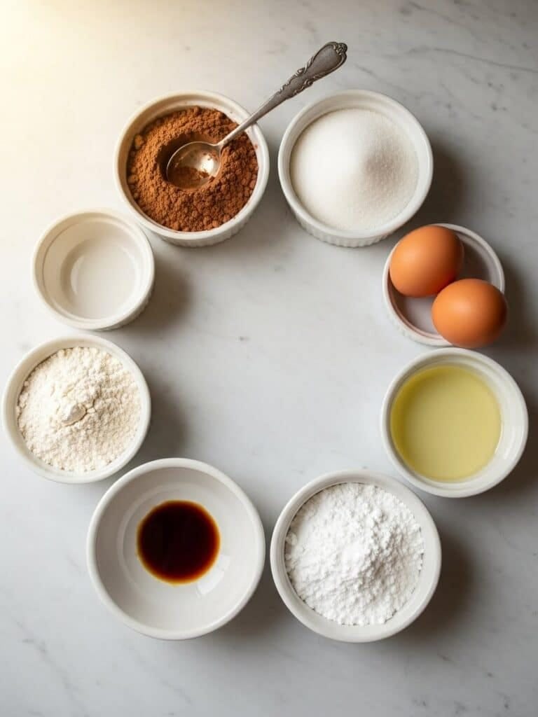 Chocolate Crinkle Cookies ingredients flat lay