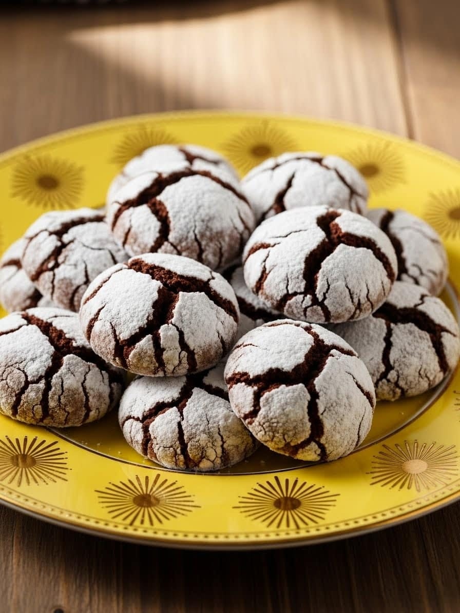 Freshly baked Chocolate Crinkle Cookies dusted with powdered sugar