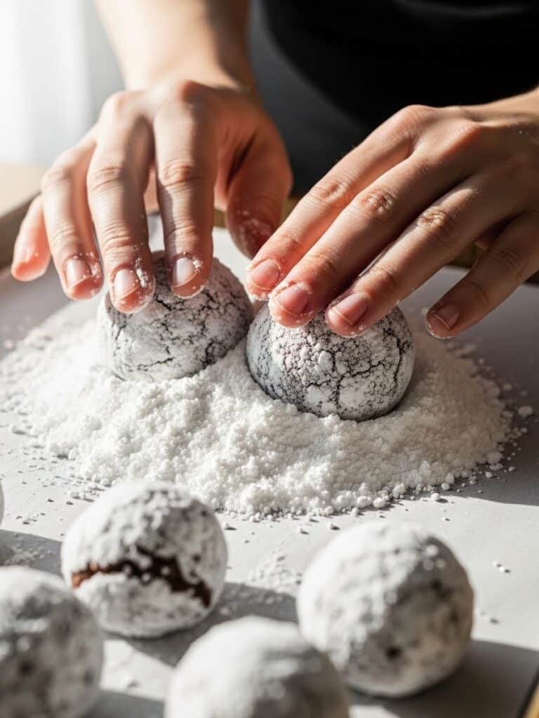 Rolling Chocolate Crinkle Cookie dough in powdered sugar