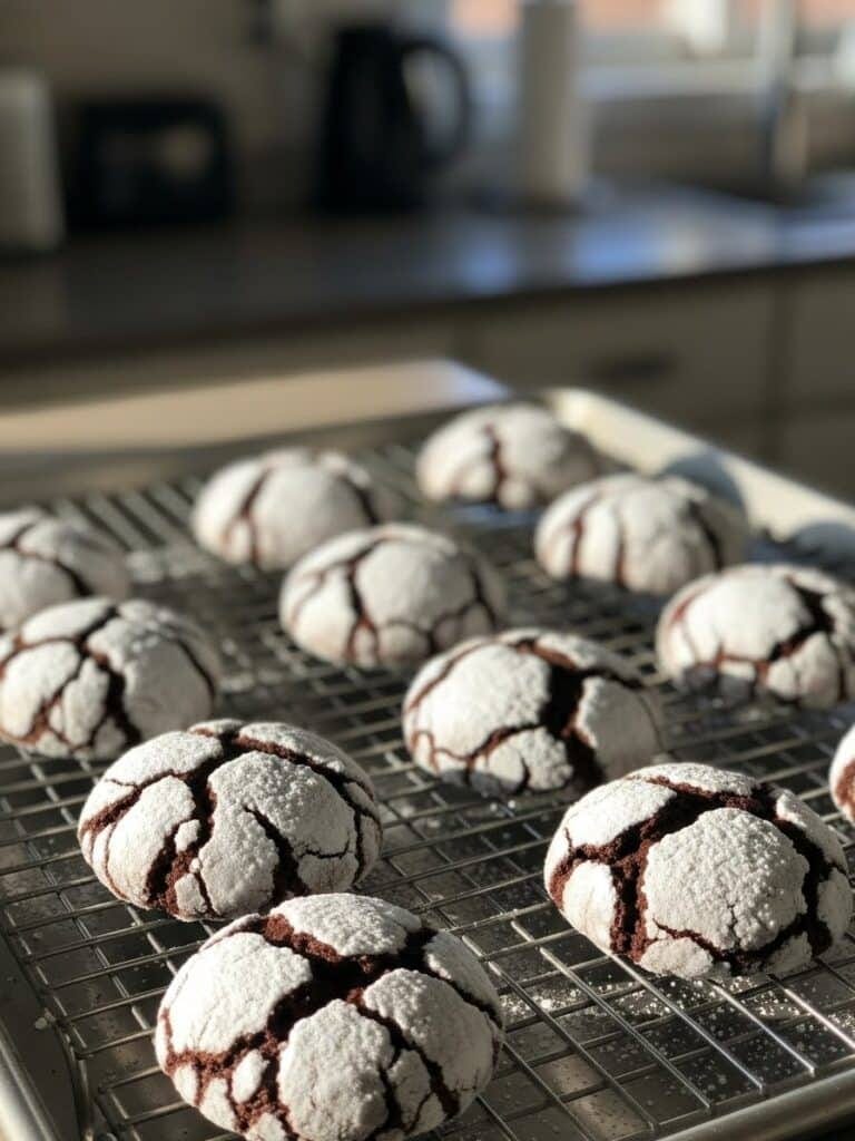 Freshly baked Chocolate Crinkle Cookies cooling on a wire rack