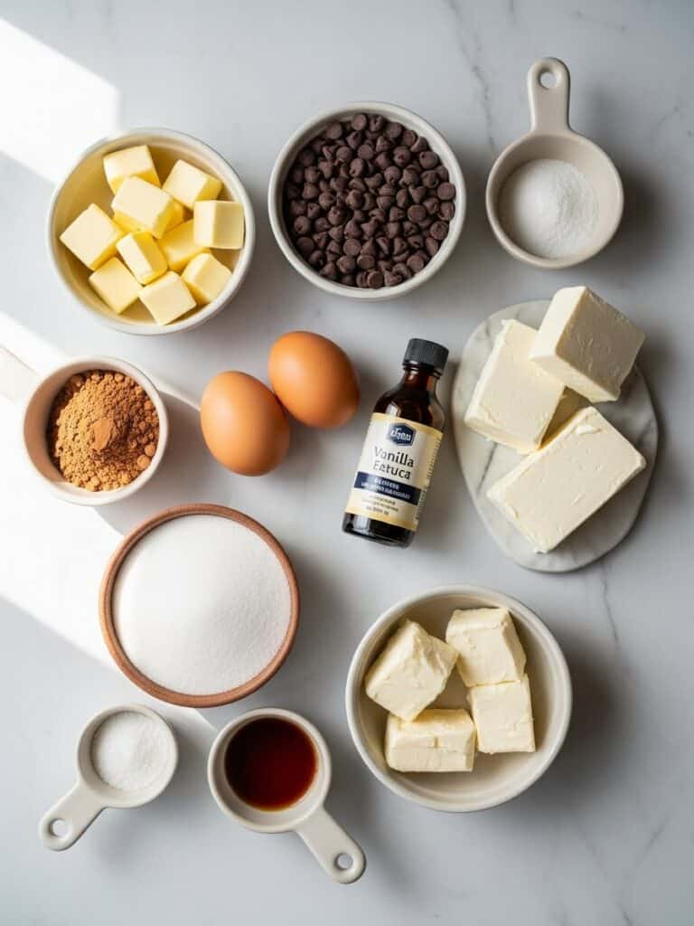 Ingredients for Cheesecake Brownies arranged on marble