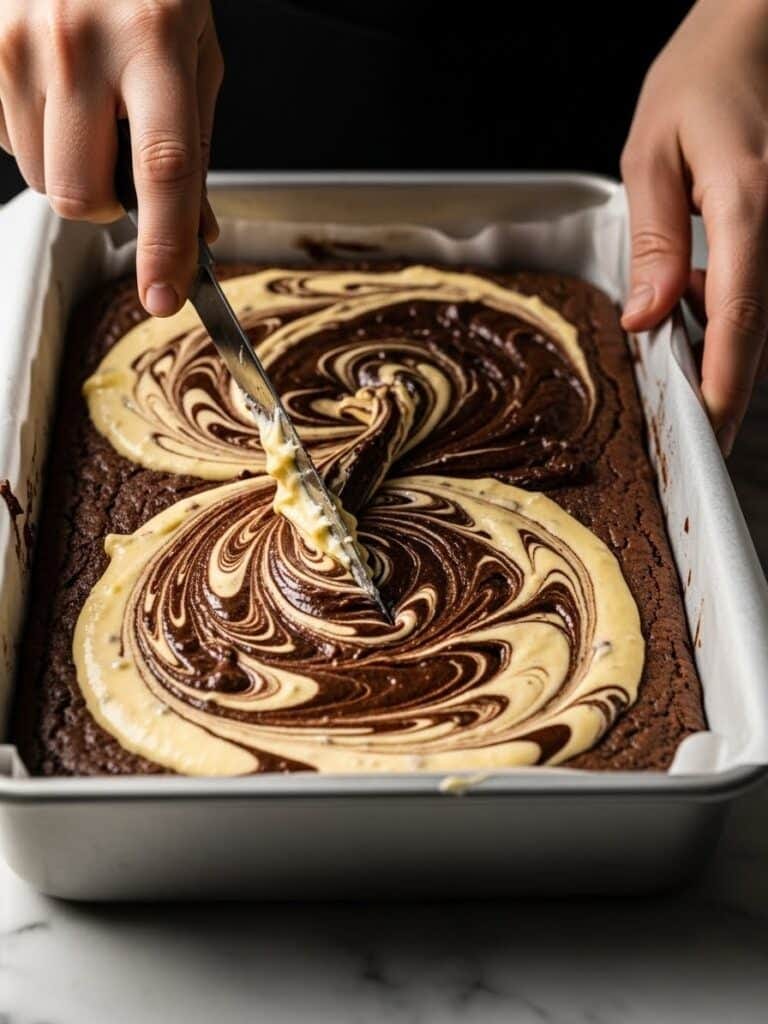 Swirling cheesecake brownie batter for marbled pattern