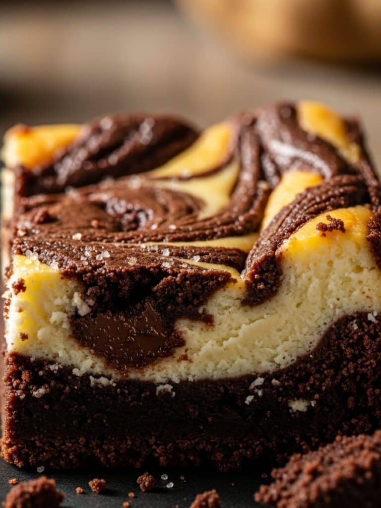 Close-up of Cheesecake Brownies showing creamy swirl and moist crumb