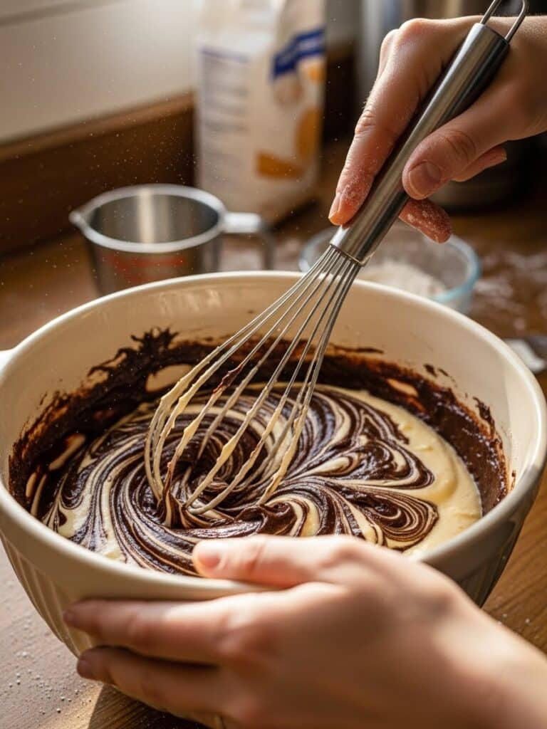 Hands mixing Cheesecake Brownies batter