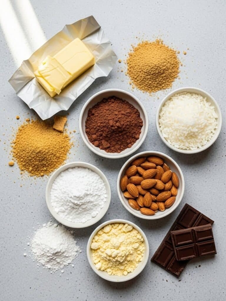Flatlay of Nanaimo Bar ingredients on wooden counter