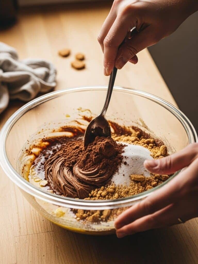 Mixing Nanaimo Bar base ingredients in glass bowl