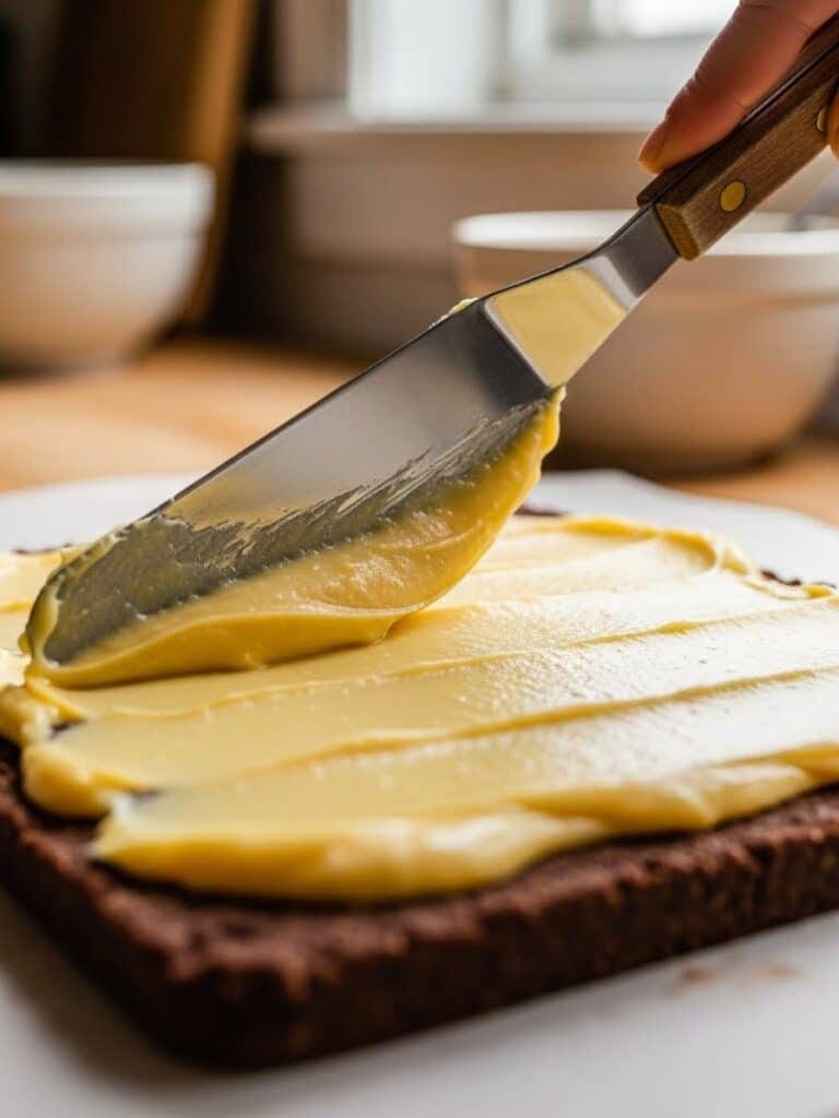 Spreading custard filling over Nanaimo Bar crust