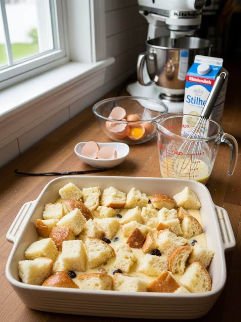 Bread Cubes Soaking in Custard