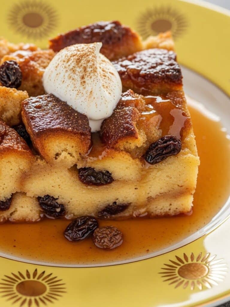Bread Pudding on Yellow Plate with Vanilla Sauce