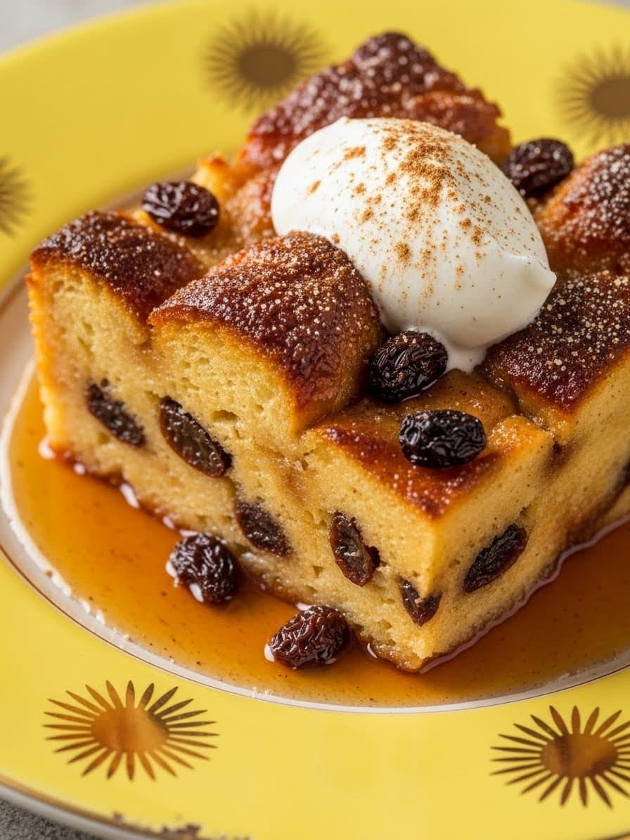 Bread Pudding on Yellow Plate