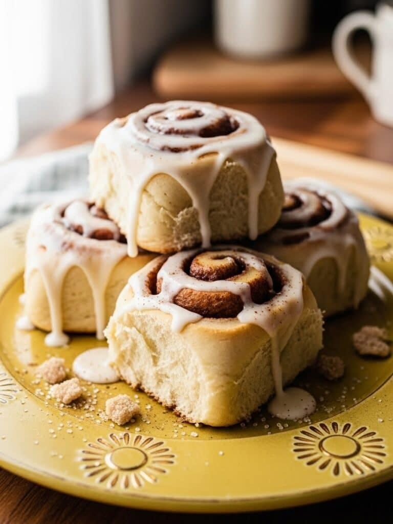 Homemade Cinnamon Rolls on golden yellow plate