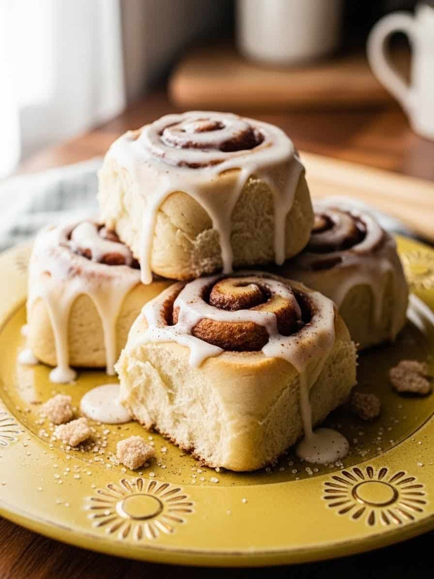 Homemade Cinnamon Rolls on golden yellow plate