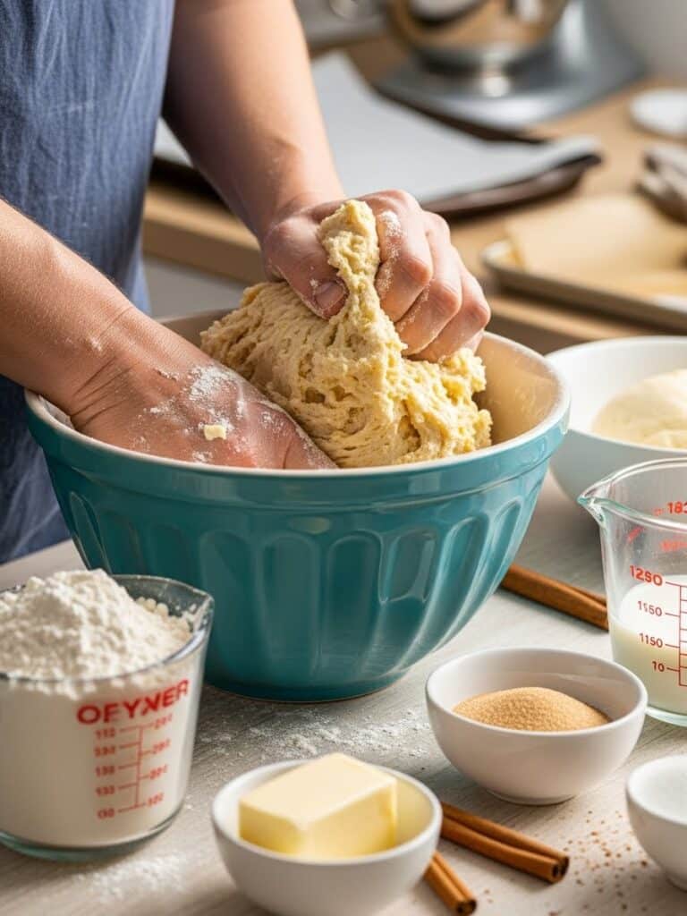 Mixing cinnamon roll dough in a home kitchen