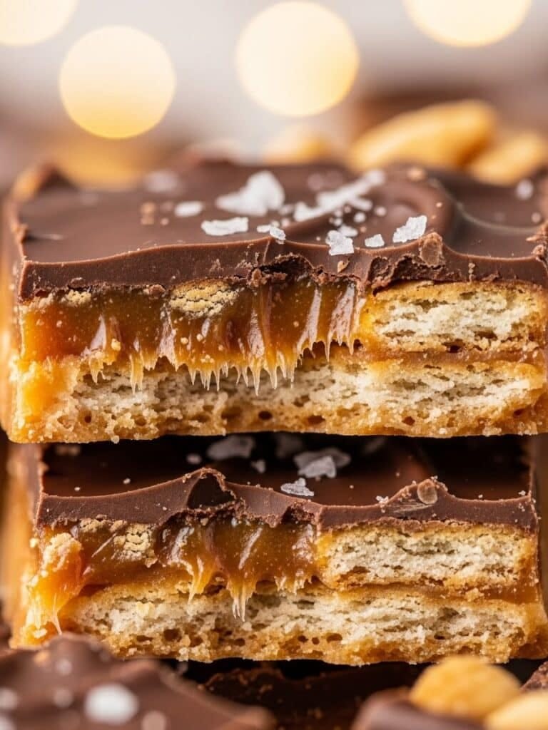 Close-up texture shot of Christmas Crack showing caramel and chocolate layers