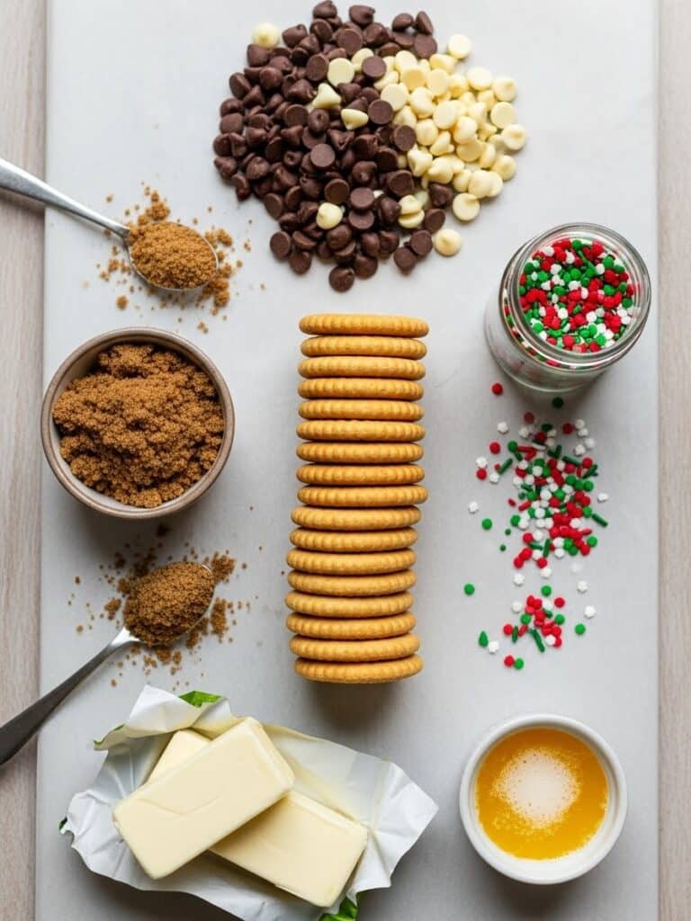 Flatlay of Christmas Crack ingredients on white countertop