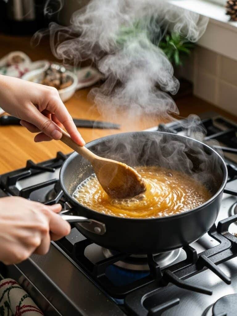 Hands stirring caramel mixture for Christmas Crack