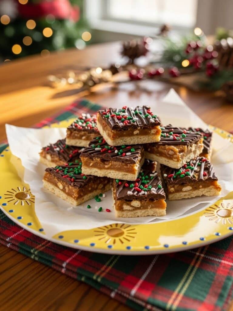 Served Christmas Crack pieces on plate with festive décor